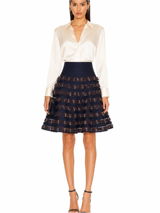 Oscar de la Renta Dresses & Skirts - Oscar de la Renta Silk Lined Wool Blend Tweed Ribbon Midi Skirt Navy A Line Text